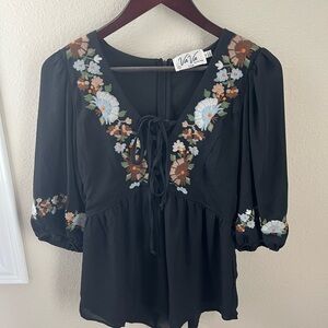 Va Va Voom Black Floral Embroidered Top